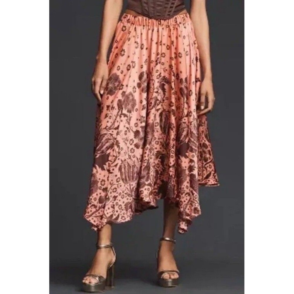 Anthropologie Florence Balducci Skirt Floral Asymmetrical Hem Coral S